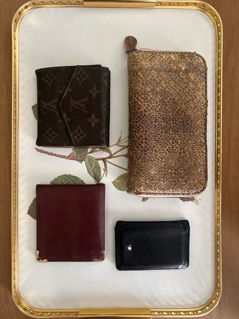 Bundle of 4 Vintage *Rehab Lux Wallets Bottega, Cartier, LV & Mont Blanc
